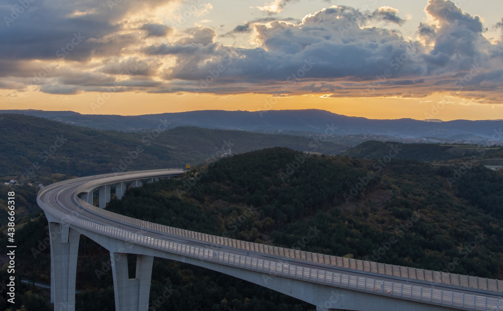 The Črni Kal Viaduct, Slovenia. Photo of the highway at the sunset. 