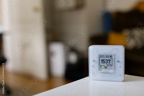CO₂ sensor monitor. Bad Indoor air quality sensor. Healthy work environment. Work from home. Control proper ventilation in your levels airflow in the room. Carbon dioxide levels and airflow Smart home