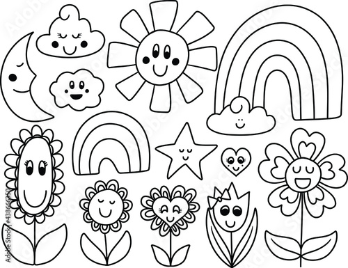 A Group of Smiling Flowers and Sky Characters who are Happy and Full of Life