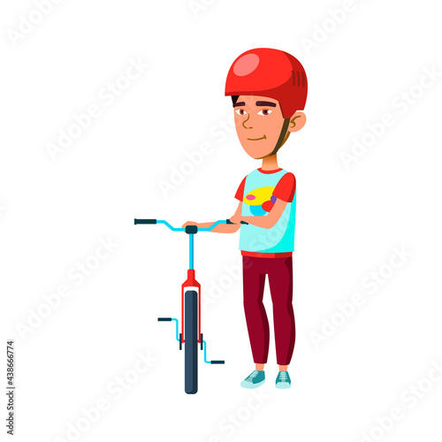 preteen boy with protection helmet riding velo in forest cartoon vector. preteen boy with protection helmet riding velo in forest character. isolated flat cartoon illustration