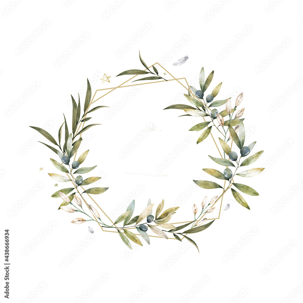 Green olive wreath circle frame. Hand drawn watercolor isolated illustration olive leaves for greeting, invite card. Text, wedding template