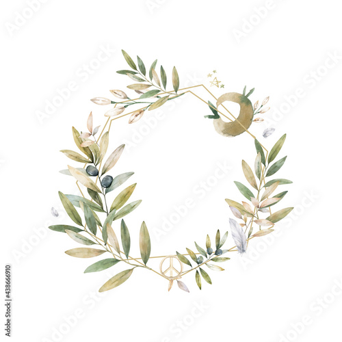 Green olive wreath circle frame. Hand drawn watercolor isolated illustration olive leaves for greeting  invite card. Text  template