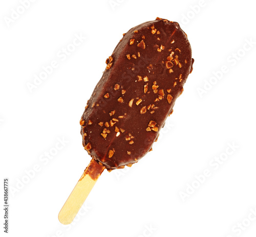 Ice cream covered with chocolate isolated on  white