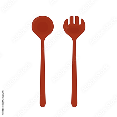 Spoon and fork on white background.  Wood spoon and  wood fork.