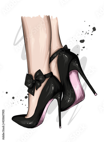 Women's legs in stylish high-heeled shoes. Fashion and style, clothing and accessories. Vector illustration.