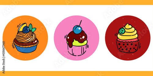 A set of three illustrations with delicious pastries. Sweet desserts for birthday and holidays. Round hand drawn delicious food icons for social media, cover design. Assorted cupcakes with cream.