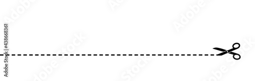 Scissor with dot line. Black scissors isolated on white background. Cut coupon. Snip ribbon. Separation element. Scissor with ribbon for design dash border page. Dotted outline on paper. Vector