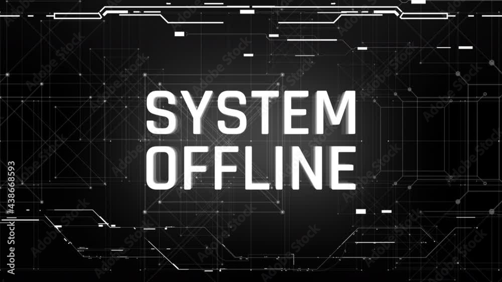 System offline message on screen, hacking attack, lost connection, no signal. System emergency alert notification
