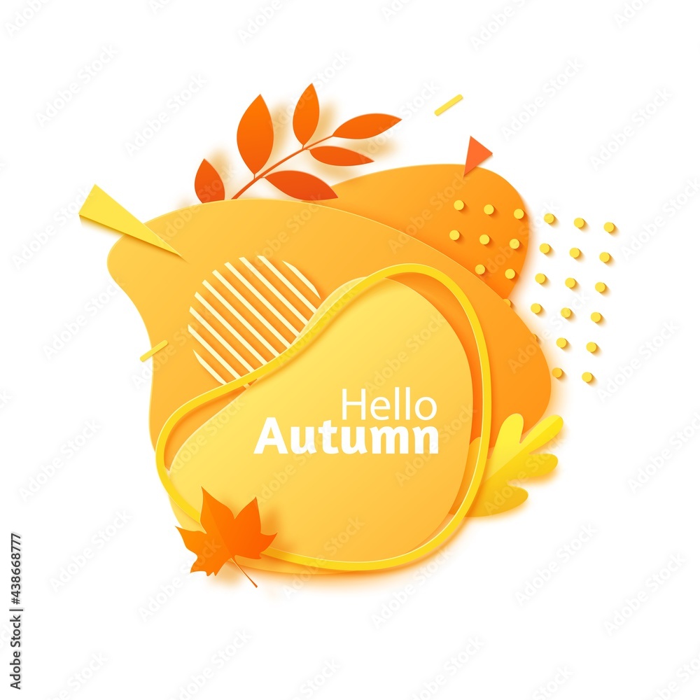 Hello Autumn banner in paper cut style. Orange color gradient abstract layers cut out from cardboard. Memphis art label with autumn season yellow leaves and geometric shapes. Vector card illustration Hello Autumn banner in paper cut style. Orange color gradient abstract layers cut out from cardboard. Memphis art label with autumn season yellow leaves and geometric shapes. Vector card illustration