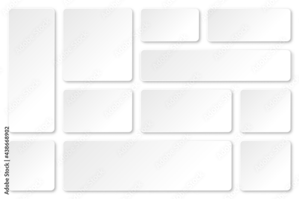 Set of blank paper banners with shadows isolated on white background. Adhesive stickers, labels with rounded corners. Vector illustration.