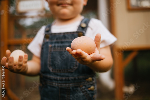 Toddler holding fresh chicken egg in front of coop