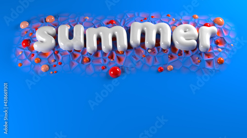 summer bright white glossy letters on a blue abstract background. 3d illustration mockup with copyspace for your text