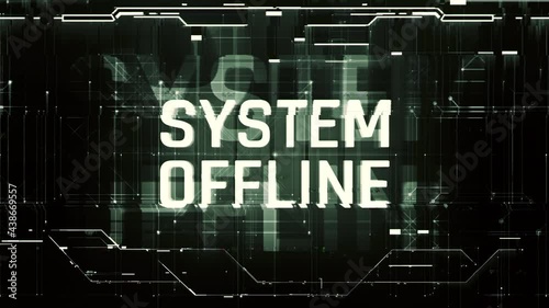 System offline warning text on glitchy screen, computer virus, hacking attack. System emergency alert notification