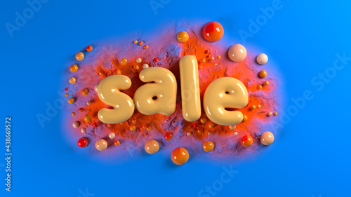 sale bright glossy letters on a blue abstract background with spheres and mountains. 3d illustration