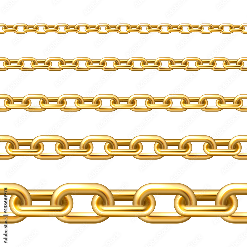 Realistic gold plated seamless metal chain with golden links isolated on white background. Vector illustration. Realistic gold plated seamless metal chain with golden links isolated on white background. Vector illustration.