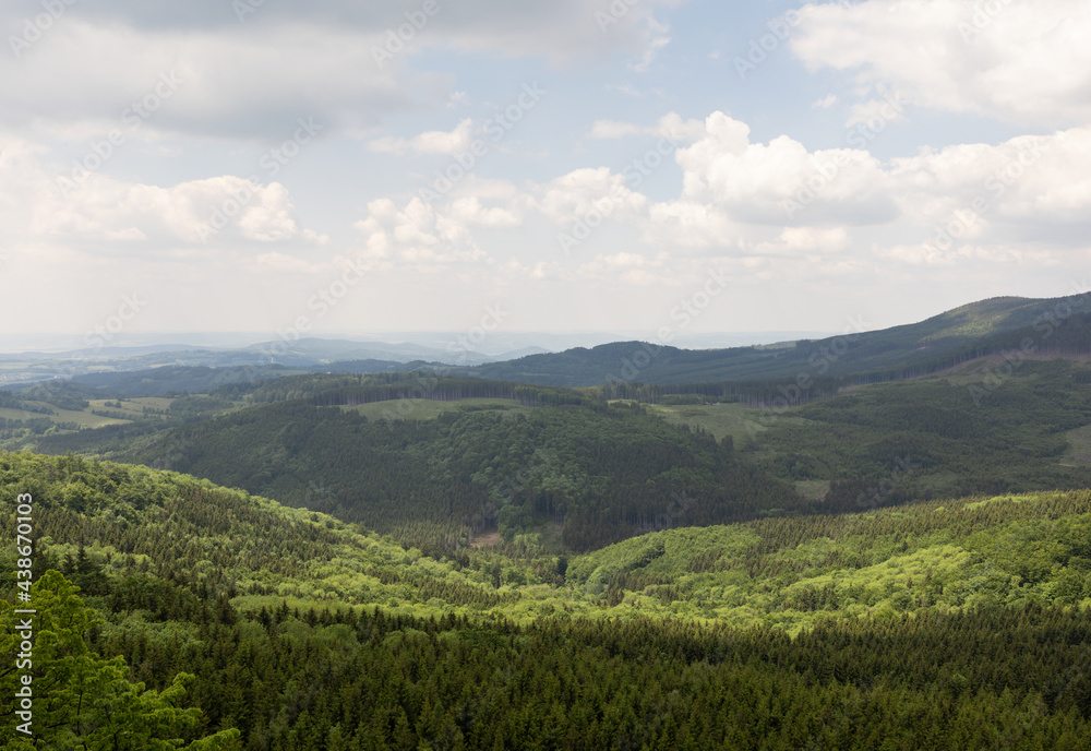 Jeseniky mountains, Czech Republic, Czechia - summer nature and landscape with trees, hills, mountains, forest and wood. View and lookout from Rabstejn.