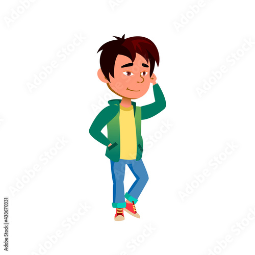 smiling asian boy walking at seashore with parents cartoon vector. smiling asian boy walking at seashore with parents character. isolated flat cartoon illustration