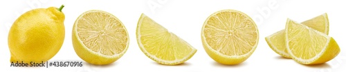 Lemon fruit. Whole and half lemon isolated on white background close-up.