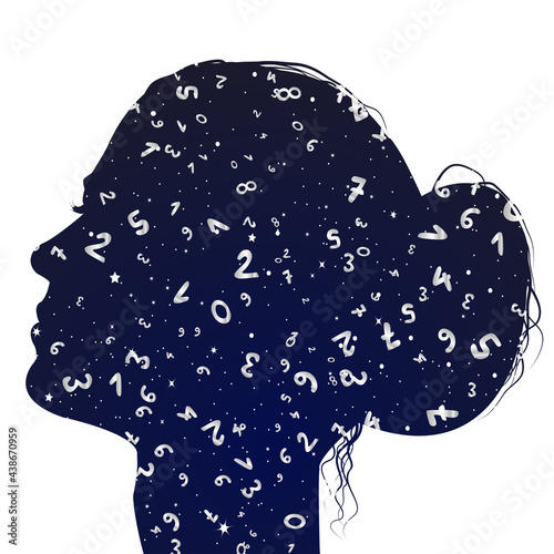 Woman profile with numbers background from one to nine for numerology