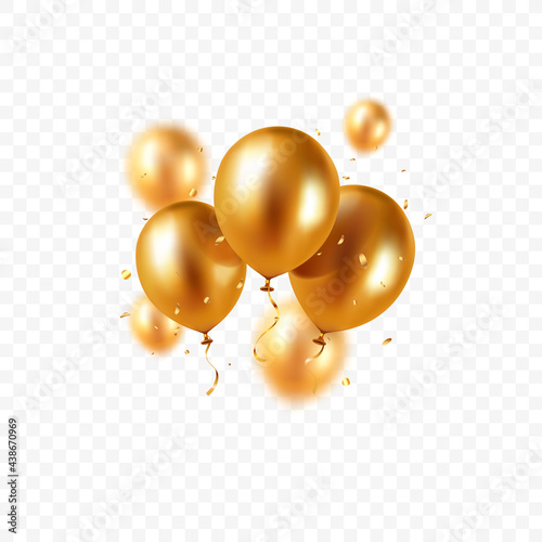 Realistic floating vector balloons isolated on transparent background. Design element gold colored balloons and glittering confetti for greeting card or party invitation. photo