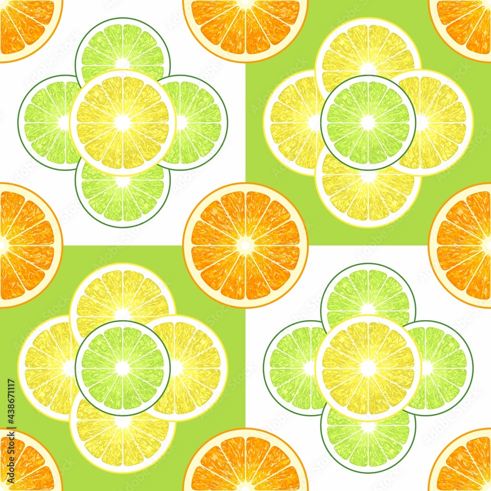 Fruit ornament for tiles. Seamless fruit pattern. Summer background for wrapping paper. Kitchen tiles. Oranges. Citrus slice. Juice. Vitamin. Tropical template. Artistic backdrop for design. Fresh.