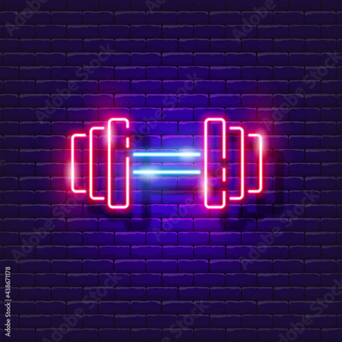 Dumbbells neon icon. Vector illustration for design. Sports concept. Gym sign. Fitness at home online.