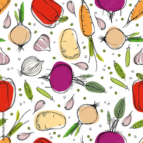 Organic food seamless pattern. Vegetarian healthy product vector texture. Decorative food repeated background. For farmers market, kitchen print, vegetables store, wallpaper, kitchen textile, wrapping