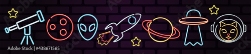 neon icons space, vector, children's illustrations on a space , rocket, planet, cat in space, alien, humanoid, unidentified flying object, flying saucer, spaceship, telescope, stars in the evening sky