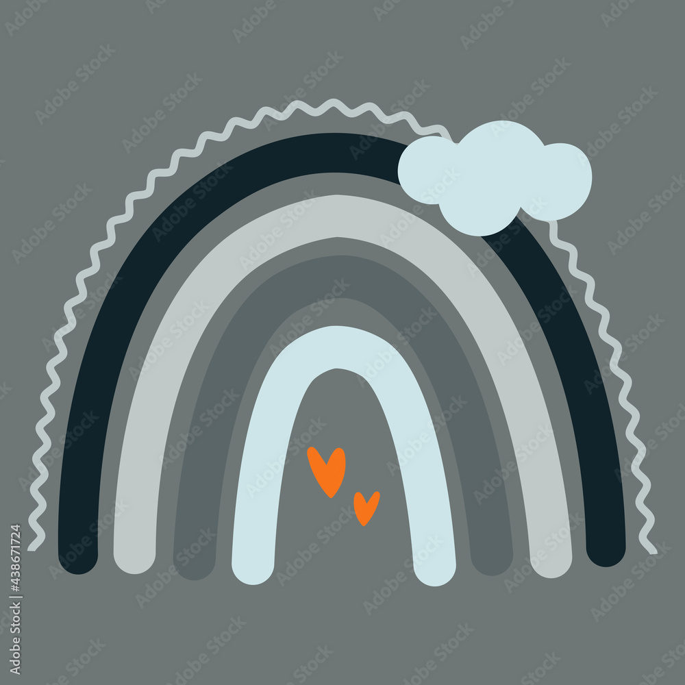 Cute boho rainbow in Scandinavian style. Modern Art. Elegant rainbow on a gray background. Bohemian colors, pastel colors. Decorative boho vector illustration with hearts and cloud. Minimalist trend. Cute boho rainbow in Scandinavian style. Modern Art. Elegant rainbow on a gray background. Bohemian colors, pastel colors. Decorative boho vector illustration with hearts and cloud. Minimalist trend.