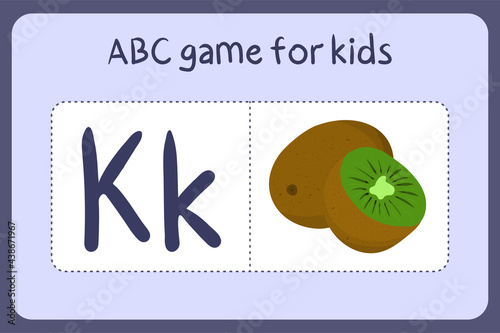 Kid alphabet mini games in cartoon style with letter K - kiwi. Vector illustration for game design - cut and play. Learn abc with fruit and vegetable flash cards.