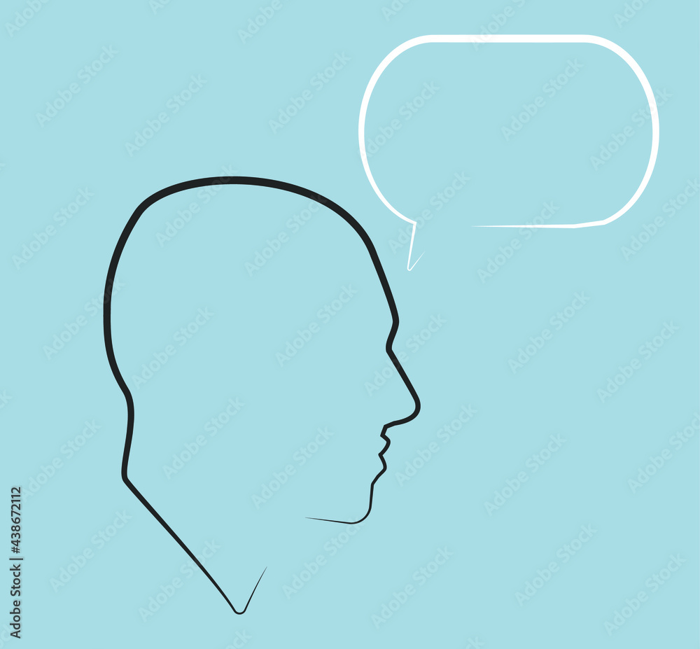 Portraits. Silhouette of guy with dialogue speech bubble. Linear avatar. Dialogue. Stylish man. Flat illustration of face. Head icon. Portraits. Silhouette of guy with dialogue speech bubble. Linear avatar. Dialogue. Stylish man. Flat illustration of face. Head icon.