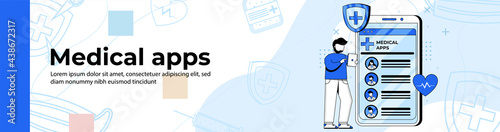 Medicine apps Web Banner Design.a man chooses a consulting doctor on a health app. header or footer banner.