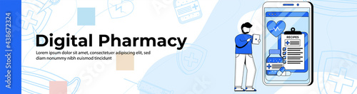 Digital pharmacy store Web Banner Design. a man makes a drug purchase through an online pharmacy store. medical prescription header or footer banner.