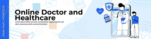 Online Doctor and Healthcare Web Banner Design.a man a consulting doctor on a health app. online doctor application header or footer banner.