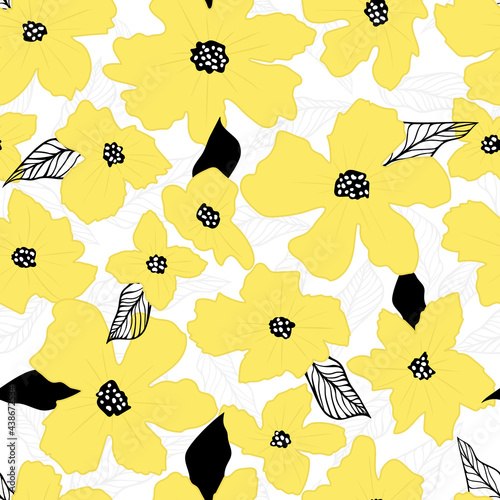 Yellow flowers and leaves vector seamless pattern. Summer simple pattern.