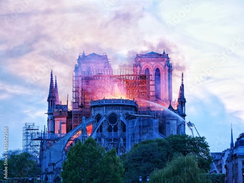 Notre Dame de Paris on fire during the evening.