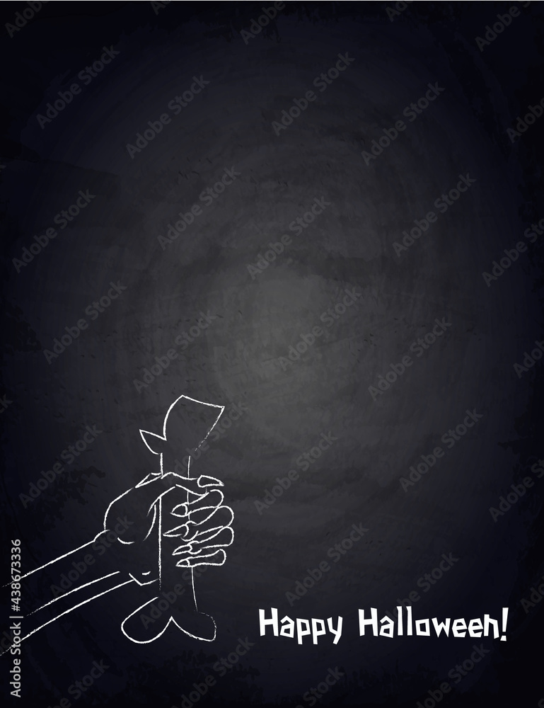 Blackboard background for Halloween design with zombie hand holding bone