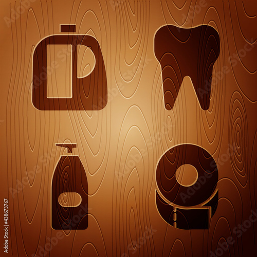 Set Toilet paper roll, Bottles for cleaning agent, Bottle of liquid antibacterial soap and Tooth on wooden background. Vector