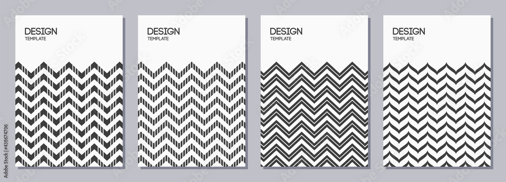 Set of flyers, posters, banners, placards, brochure design templates A6 size. Graphic design templates with zigzag stripes, striped zigzag lines, structure of herringbone. Vector geometric background.