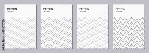 Set of flyers, posters, banners, placards, brochure design templates A6 size. Graphic design templates with dotted zigzag lines, zigzag stripes, structure of herringbone. Vector geometric background.