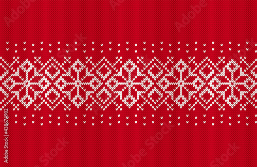 Christmas knit pattern. Red seamless border for sweater. Knitted texture. Xmas festive background. Holiday fair isle traditional print. Ornamen twith flowers. Vector illustration.