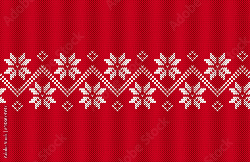 Knit seamless border. Christmas pattern. Red knitted texture. Xmas festive print . Holiday fair isle traditional background. Ornamen twith flowers. Geometric sweater pullover. Vector illustration.
