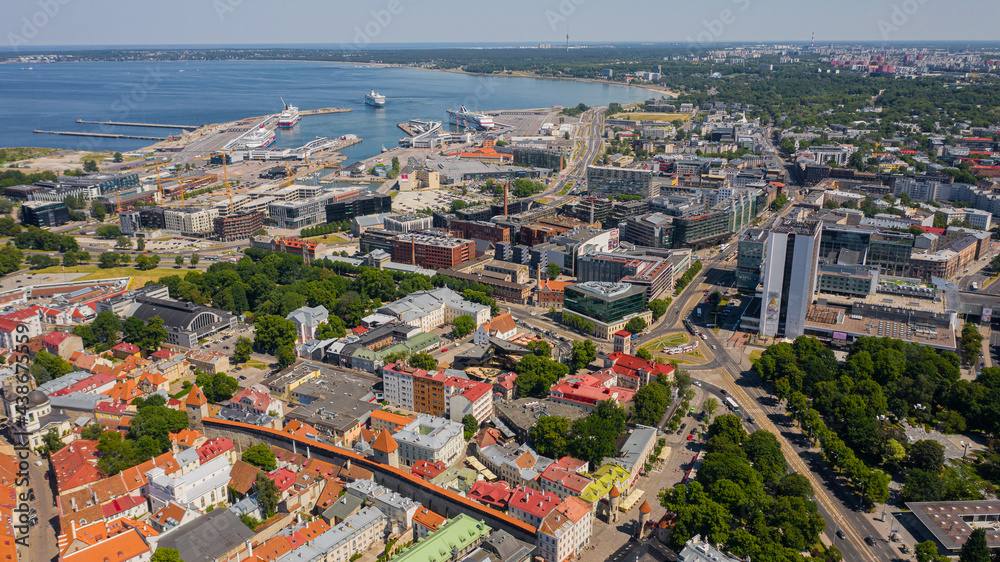 Tallinn ,Estonia,Baltics. Beautiful panoramic aerial view photo from flying drone to Tallinn's medieval old town on a sunny summer day. (Series)