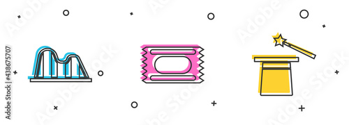 Set Roller coaster, Circus ticket and Magic hat and wand icon. Vector