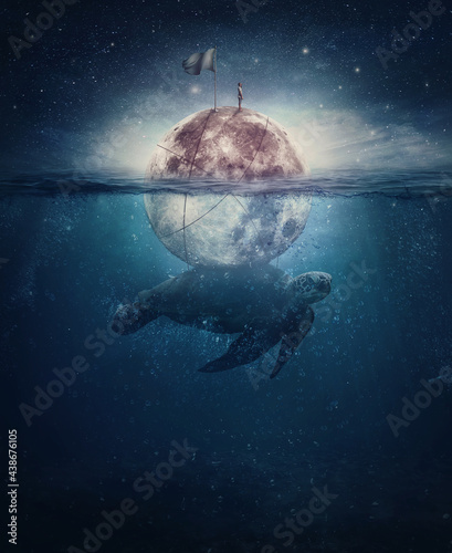 Surreal scene with a turtle, huge sea creature, carrying the full moon with a lone sailor on the top. Fantasy underwater seascape, and starry sky above. Magical night view, imaginary sailing adventure