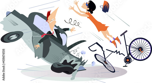 Road accident, driver, cyclist and broken bike illustration. Shocked driver man sits in the broken car and cyclist young woman falling down from the bicycle isolated
