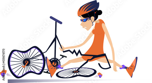 Sad cyclist woman and broken bike illustration. 
Cyclist young woman with downcast head sitting near a broken bicycle isolated on white
