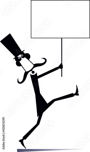 Man in the top hat holds a placard illustration.
Cartoon long mustache man in the top hat holds a banner in his hands black on white
