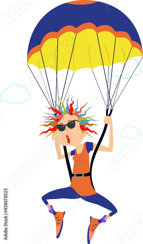 Cartoon skydiver woman illustration. 
Comic skydiver woman in sunglasses derives enjoyment from jumping isolated on white
