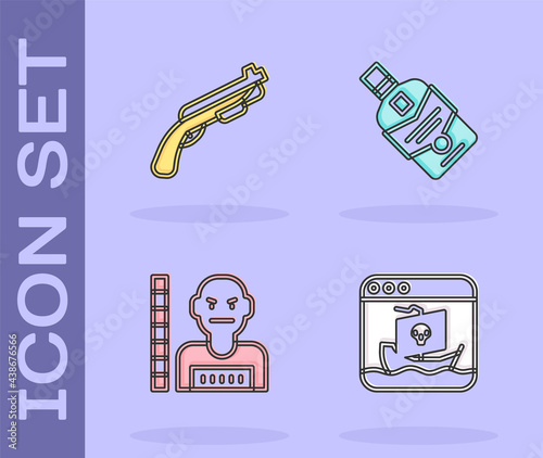 Set Internet piracy, Police shotgun, Suspect criminal and Whiskey bottle icon. Vector